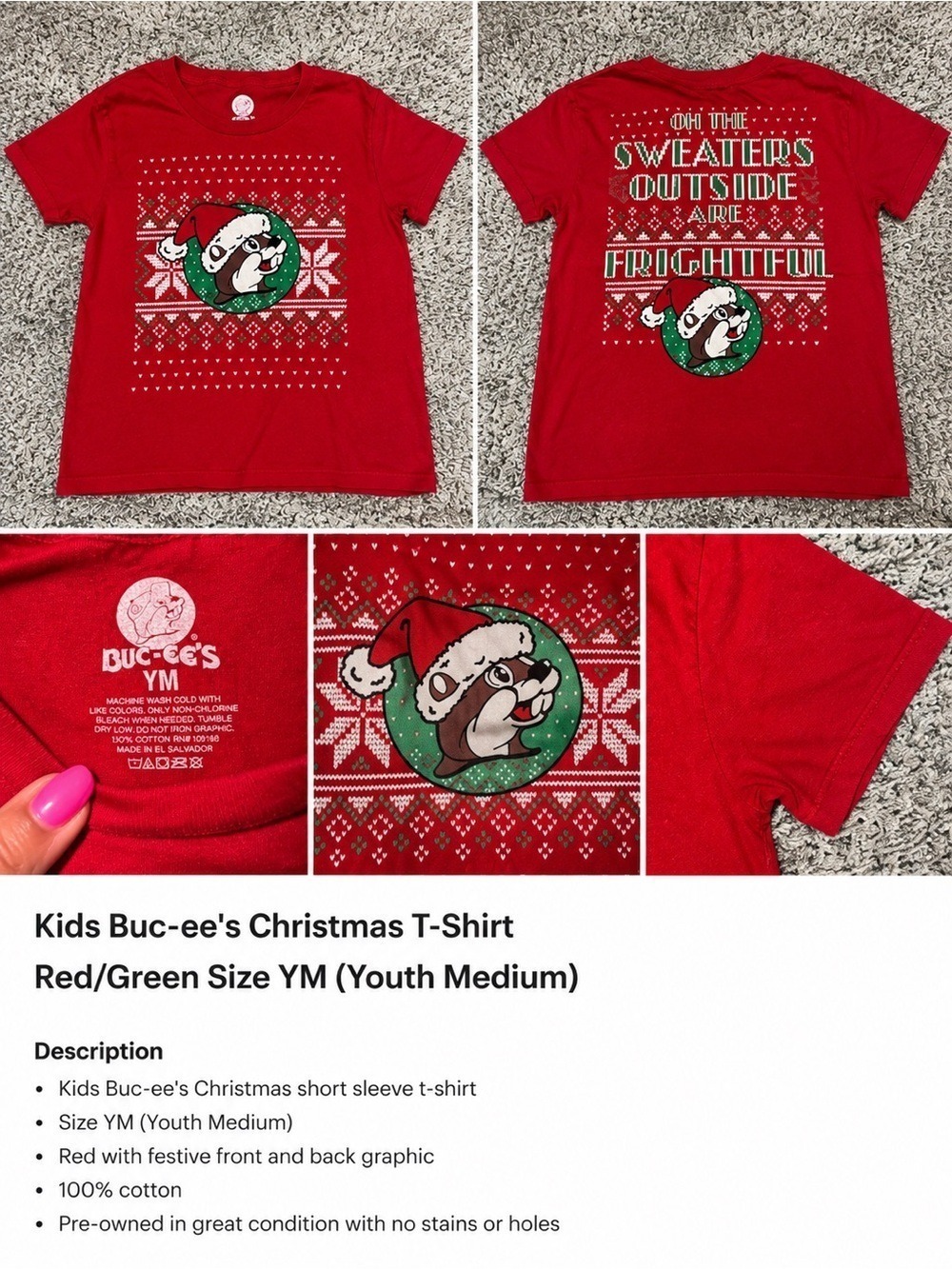 Buc-ee’s Kids Christmas Graphic Tee Youth Medium Red Holiday Shirt